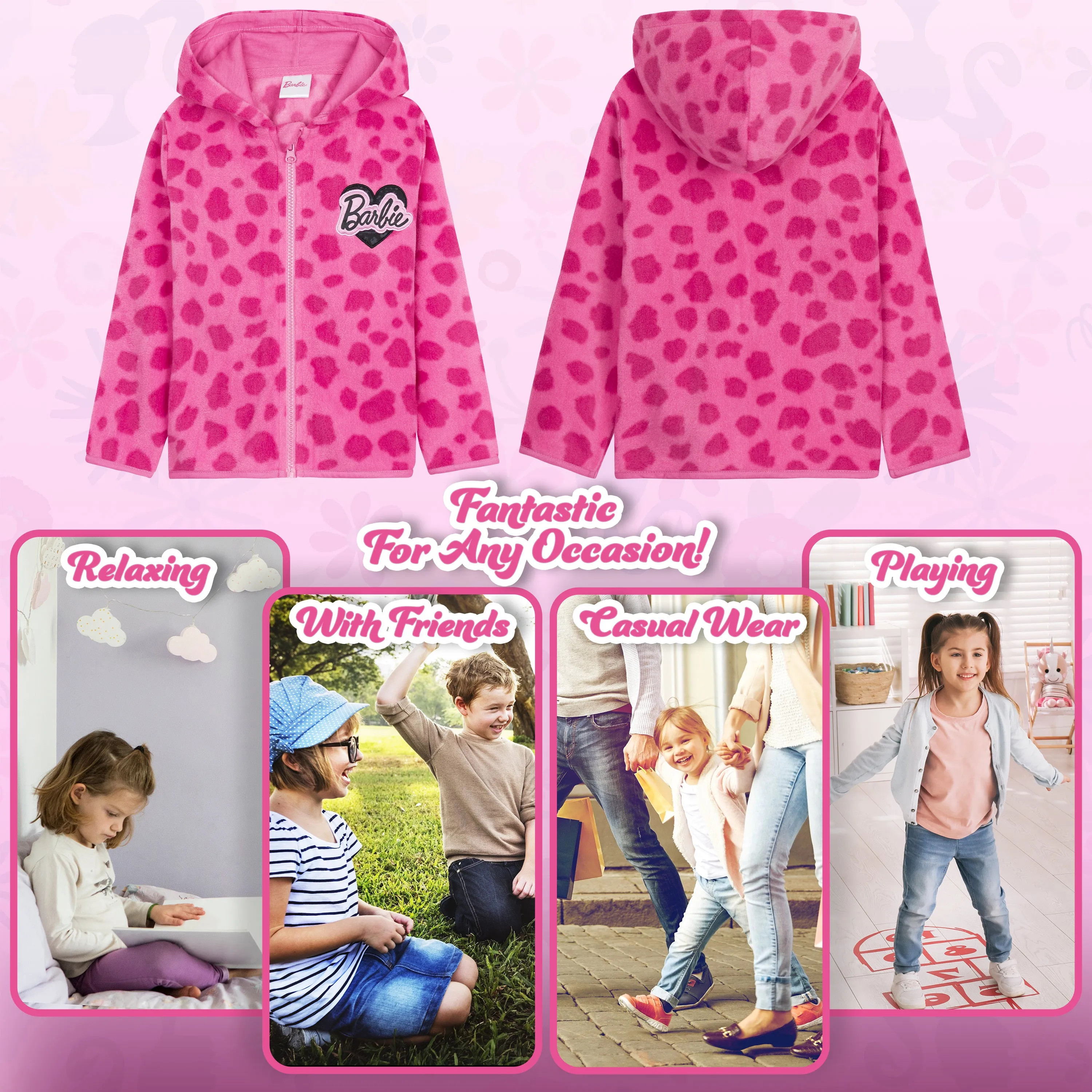 Barbie Girls Jacket - Hot Pink Hooded Fleece Jackets for Girls