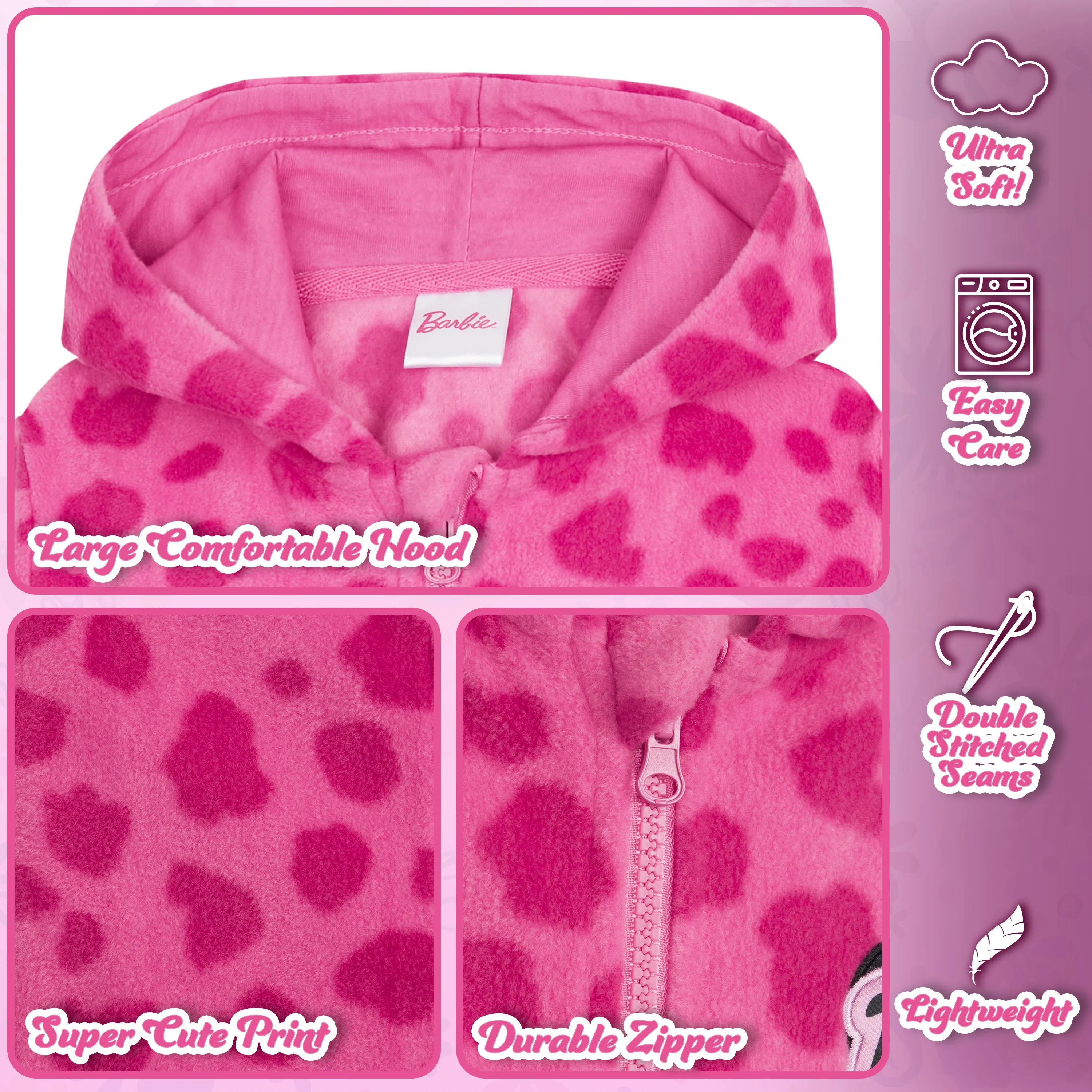 Barbie Girls Jacket - Hot Pink Hooded Fleece Jackets for Girls