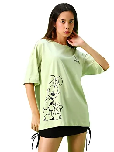 Bewakoof X Official Garfield Merchandise Women's Be Stupid Odie Graphic Printed 100% Cotton T-Shirt - Oversized Fit, Round Neck, Half Sleeves