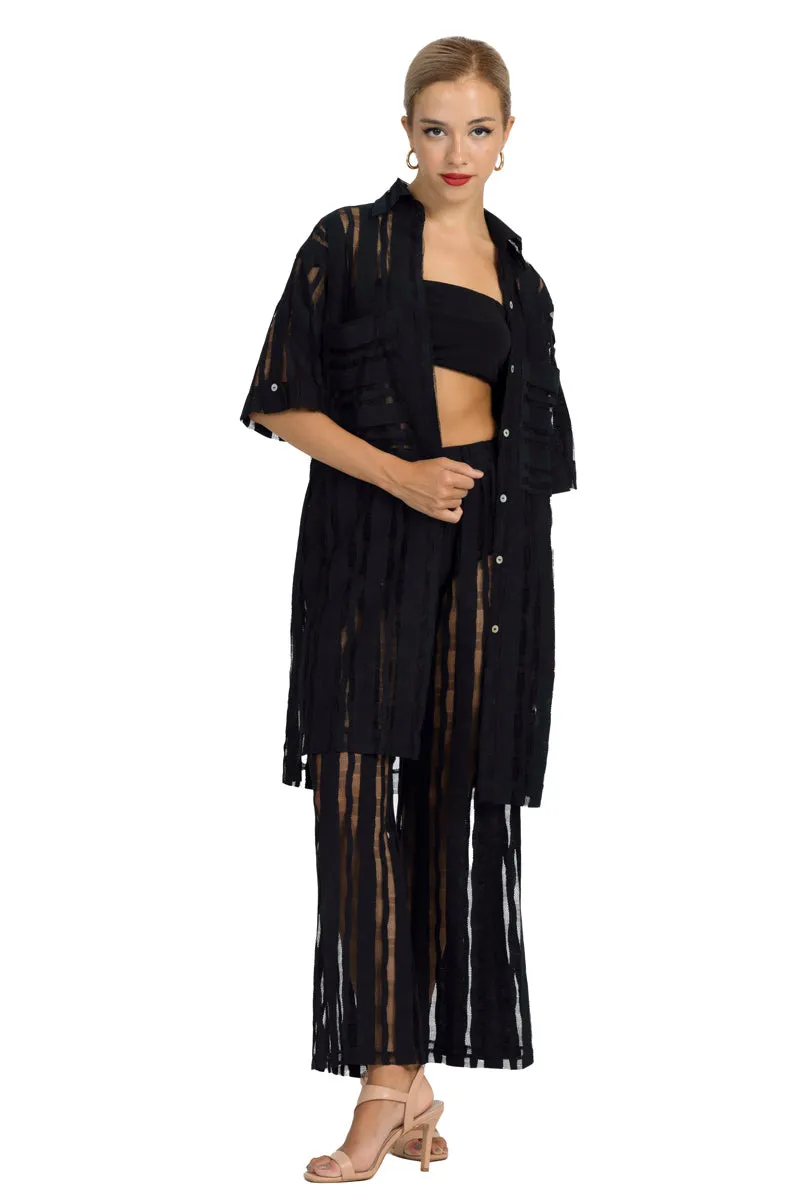 Black Sheer Striped Wide-Leg Pants