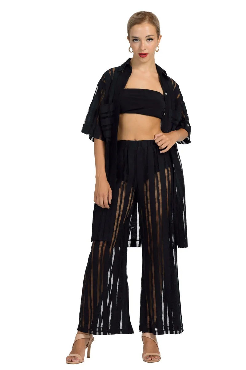 Black Sheer Striped Wide-Leg Pants