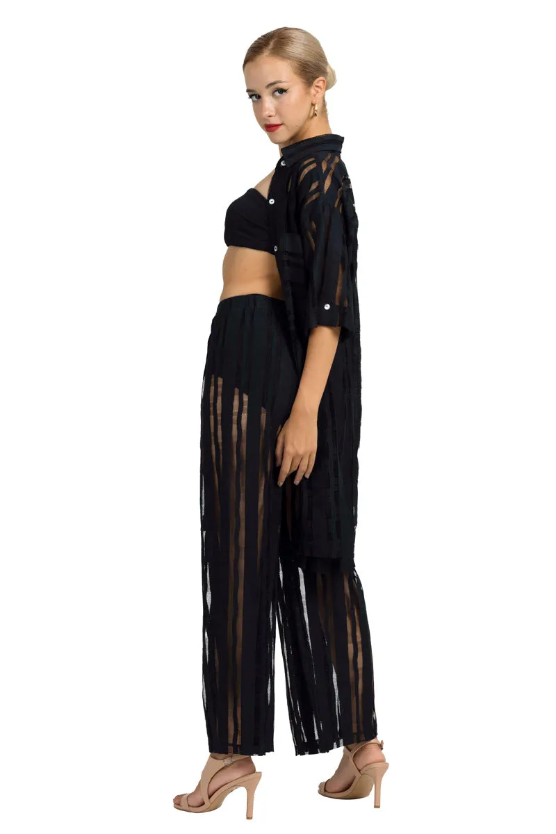 Black Sheer Striped Wide-Leg Pants