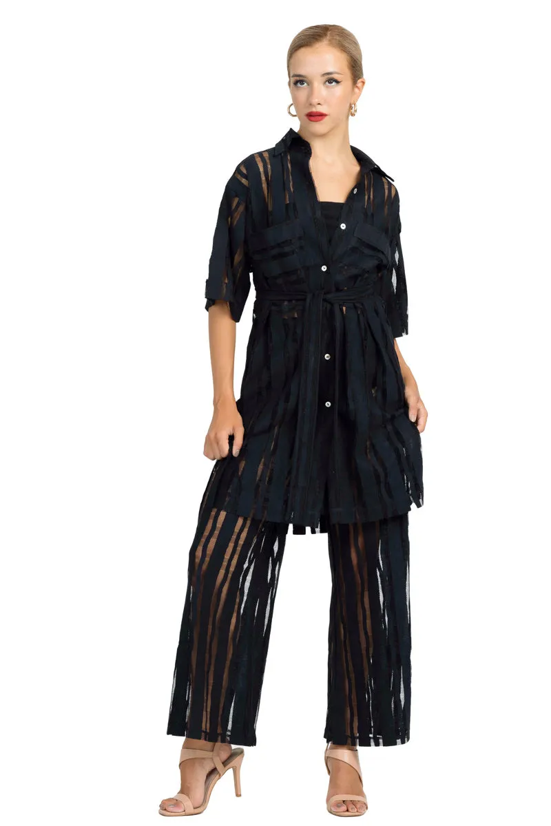 Black Sheer Striped Wide-Leg Pants