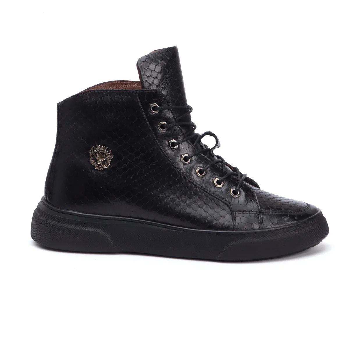 Black Snake Skin Textured Leather Mid Top Light Weight Sneakers by Brune & Bareskin