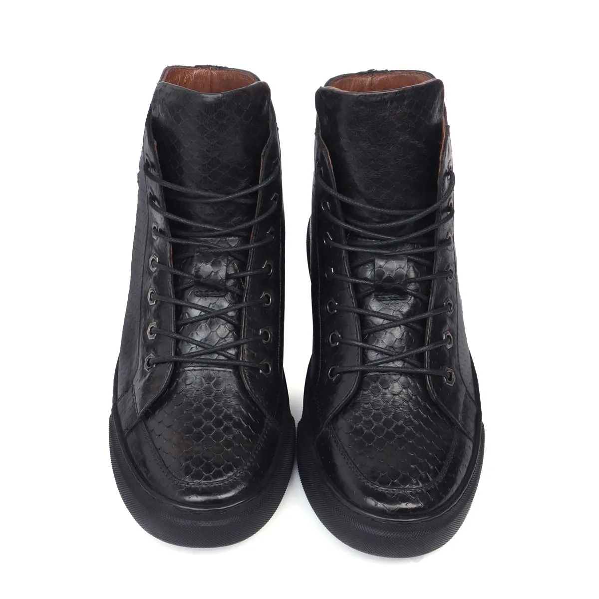 Black Snake Skin Textured Leather Mid Top Light Weight Sneakers by Brune & Bareskin