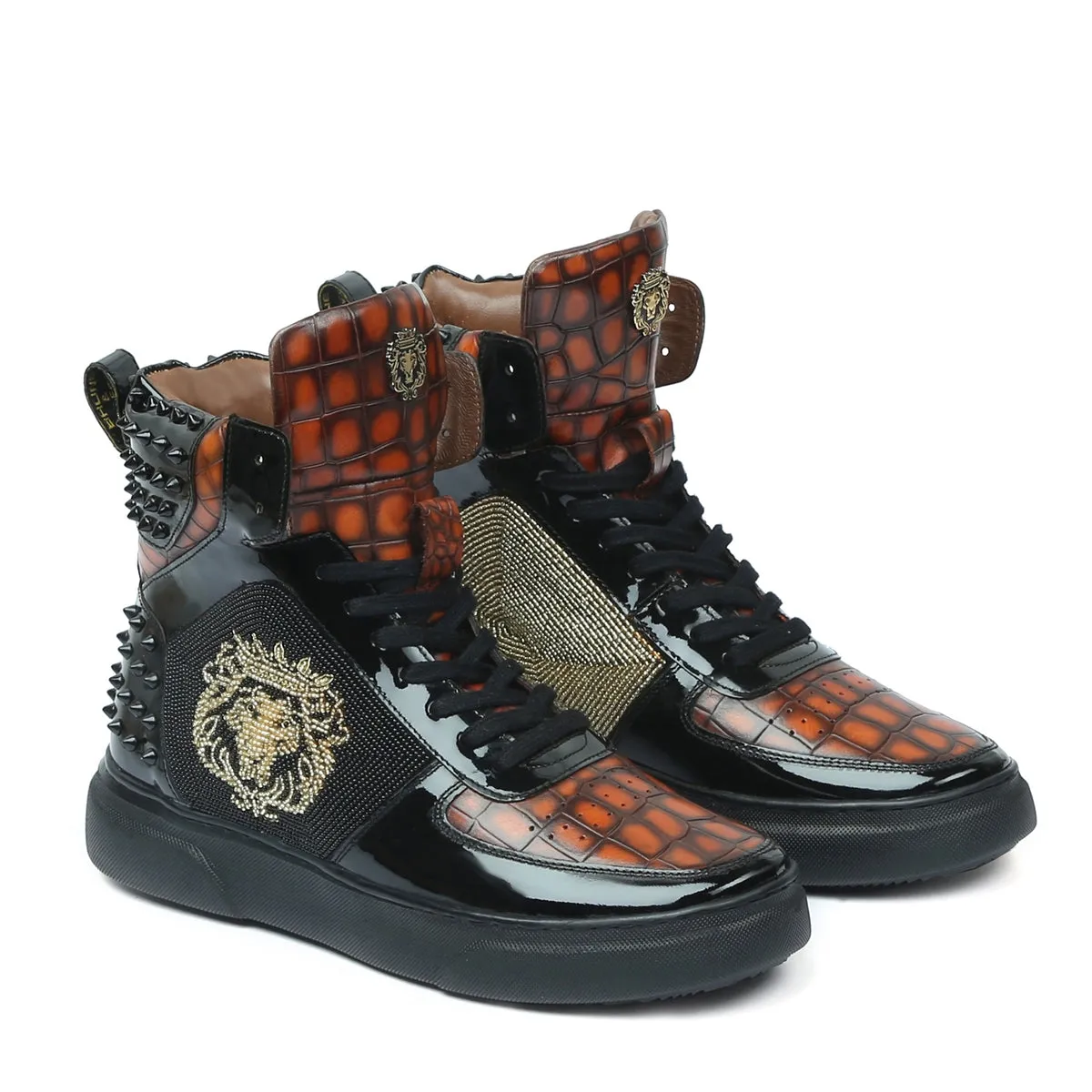 Black Studded Leather Sneakers with Patent Detailing Smokey Orangish Golden Beads Lion Zardosi