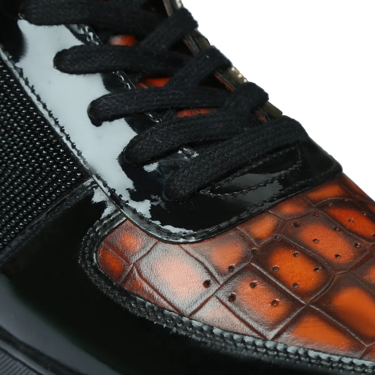 Black Studded Leather Sneakers with Patent Detailing Smokey Orangish Golden Beads Lion Zardosi