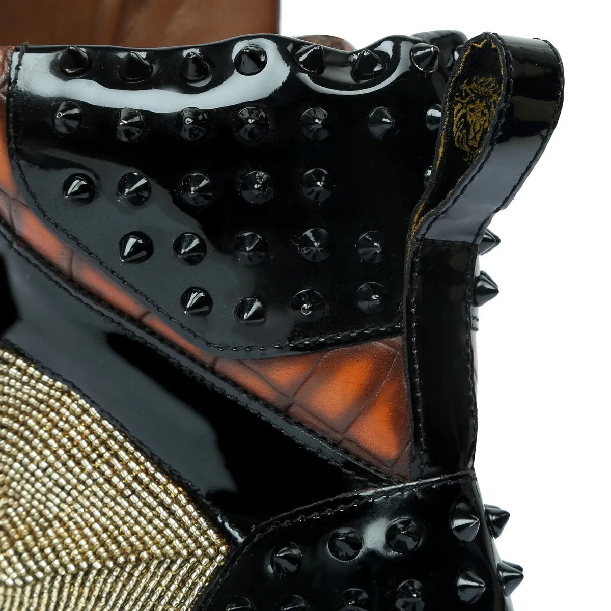 Black Studded Leather Sneakers with Patent Detailing Smokey Orangish Golden Beads Lion Zardosi