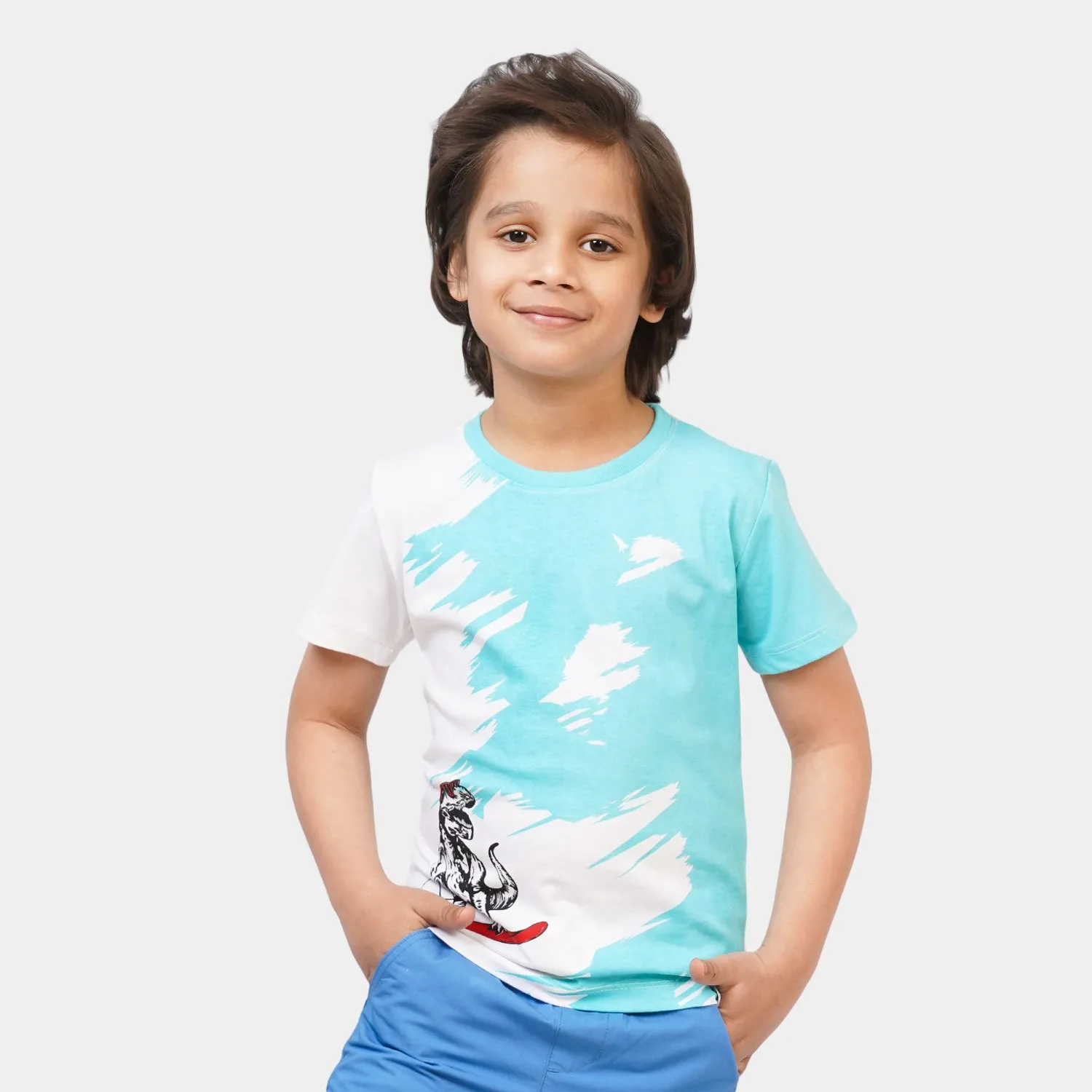 Boys Cotton T-Shirt Dino Surf - Blue/White