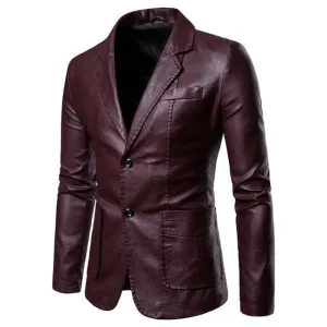 BRADLEY Men's Fashion Premium Quality Burgundy Red Leather Style Blazer Suit Jacket