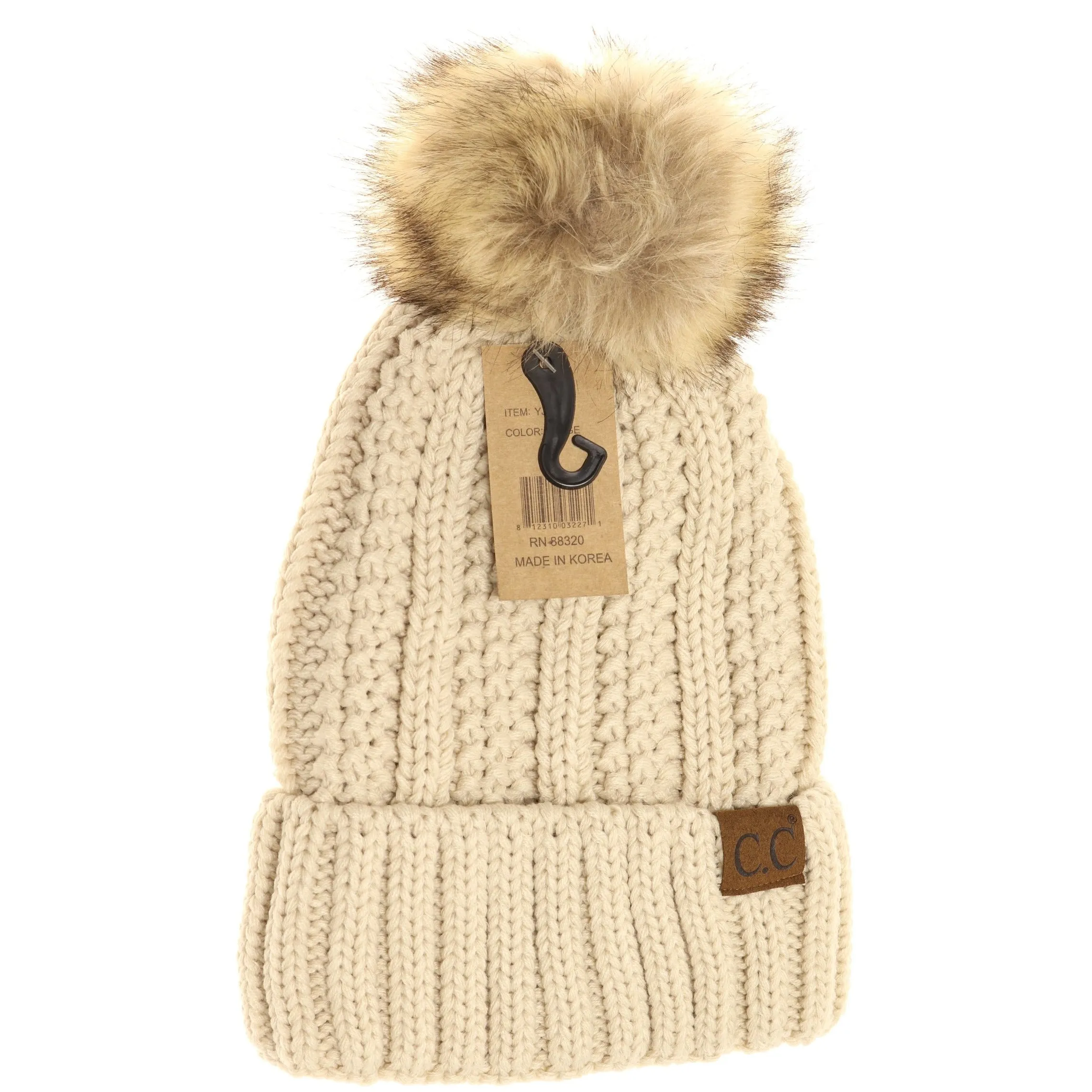 C.C. Beanie With Faux Fur Pom and Fuzzy Lining (Multiple Colors Available)