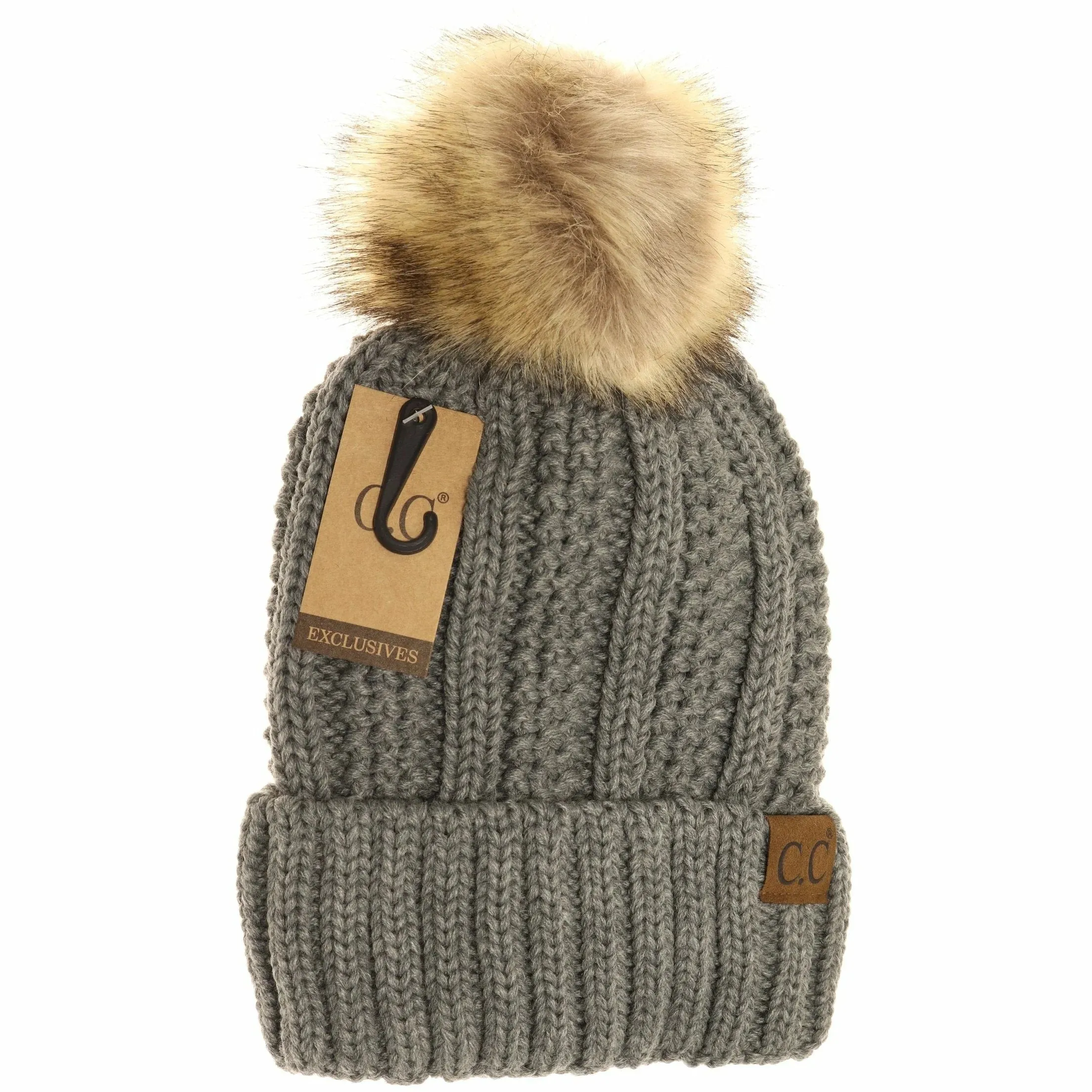 C.C. Beanie With Faux Fur Pom and Fuzzy Lining (Multiple Colors Available)