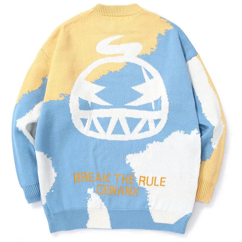 Color Block Graffiti Crew Neck Knit Sweater