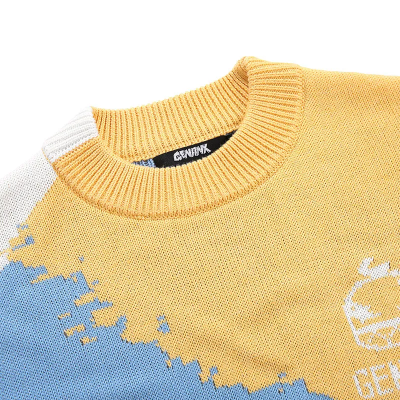 Color Block Graffiti Crew Neck Knit Sweater