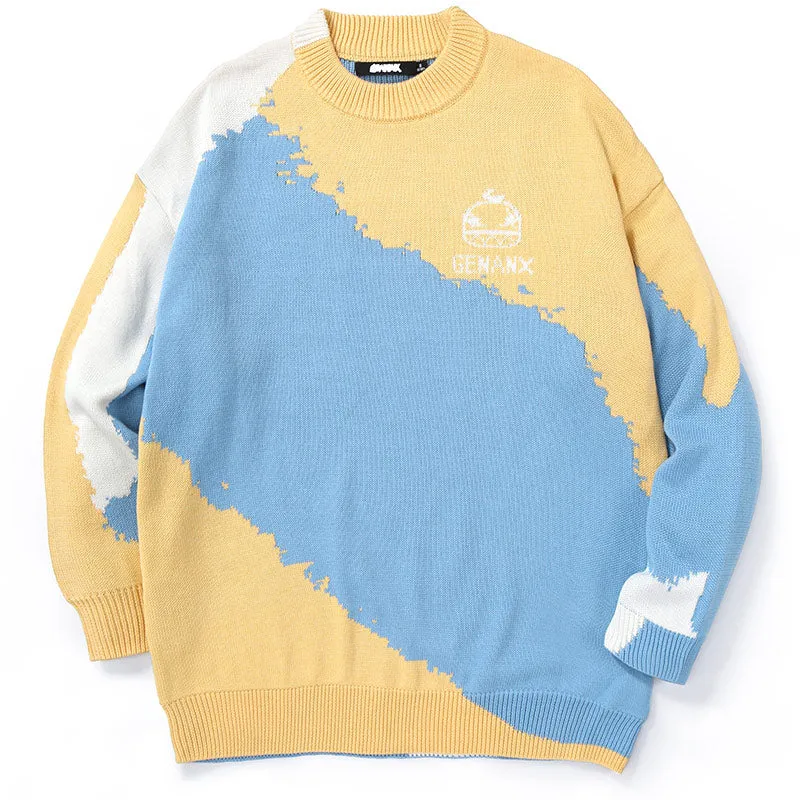 Color Block Graffiti Crew Neck Knit Sweater