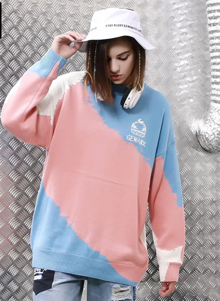 Color Block Graffiti Crew Neck Knit Sweater