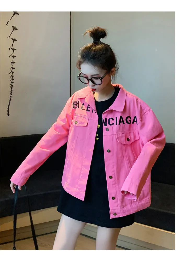 Denim Short Women BF Jacket Loose Casual Personality Trendy Alphabets Embroidery Tops Outerwear