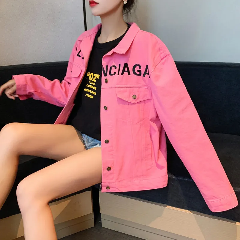 Denim Short Women BF Jacket Loose Casual Personality Trendy Alphabets Embroidery Tops Outerwear