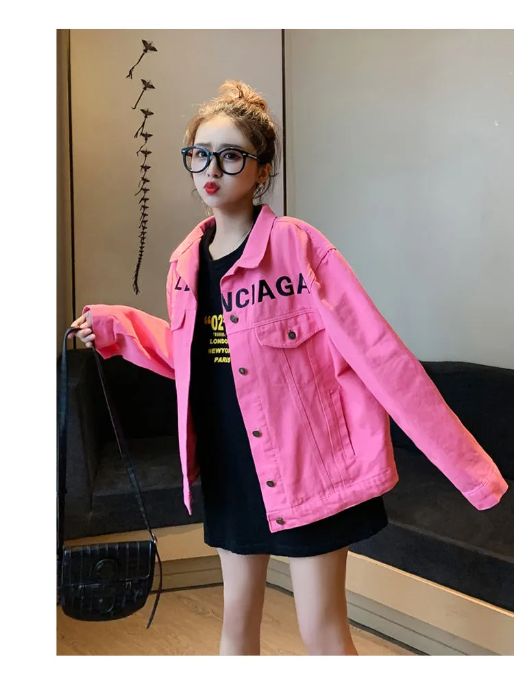 Denim Short Women BF Jacket Loose Casual Personality Trendy Alphabets Embroidery Tops Outerwear