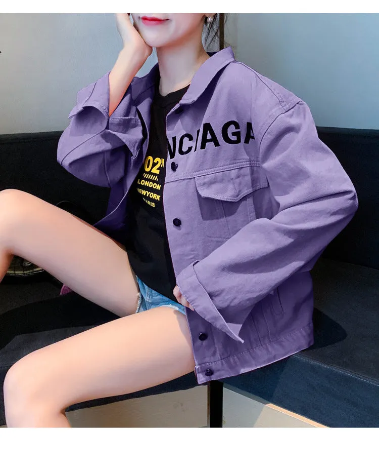 Denim Short Women BF Jacket Loose Casual Personality Trendy Alphabets Embroidery Tops Outerwear