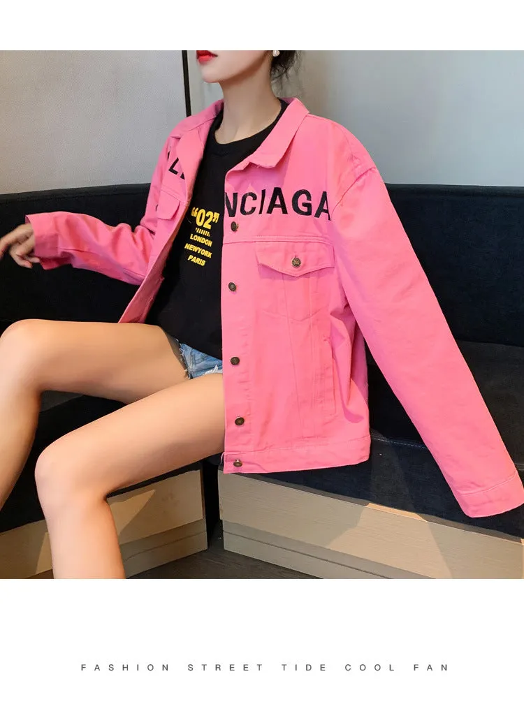 Denim Short Women BF Jacket Loose Casual Personality Trendy Alphabets Embroidery Tops Outerwear