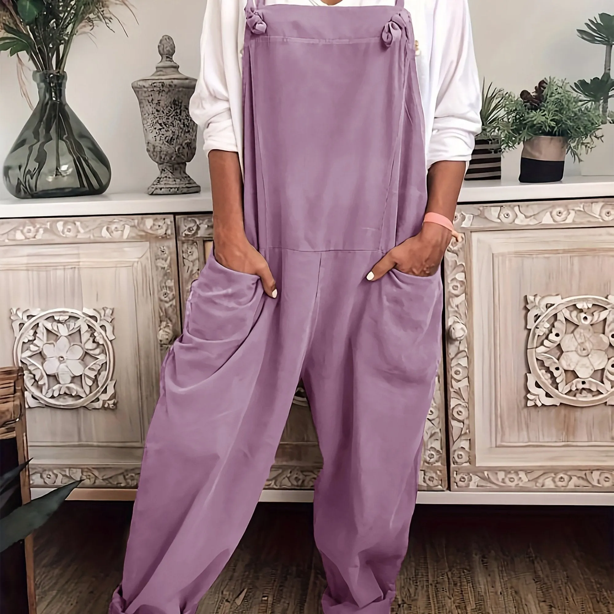 Effortless Women's Plus Solid Wide Leg Knot Overalls