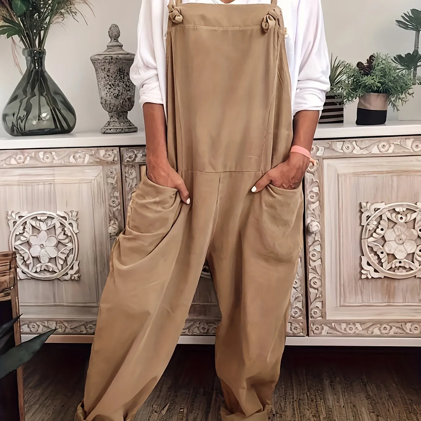 Effortless Women's Plus Solid Wide Leg Knot Overalls