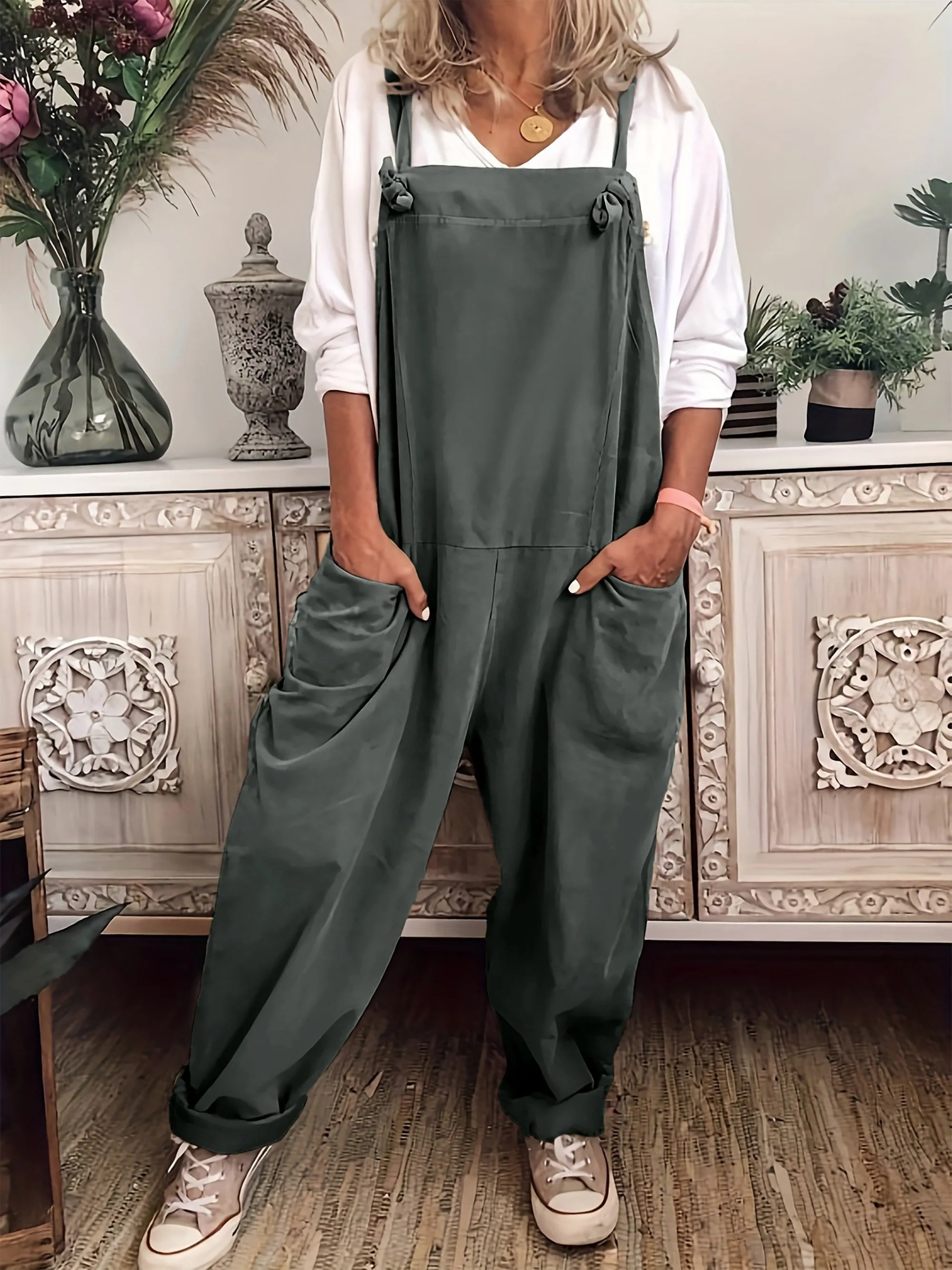 Effortless Women's Plus Solid Wide Leg Knot Overalls