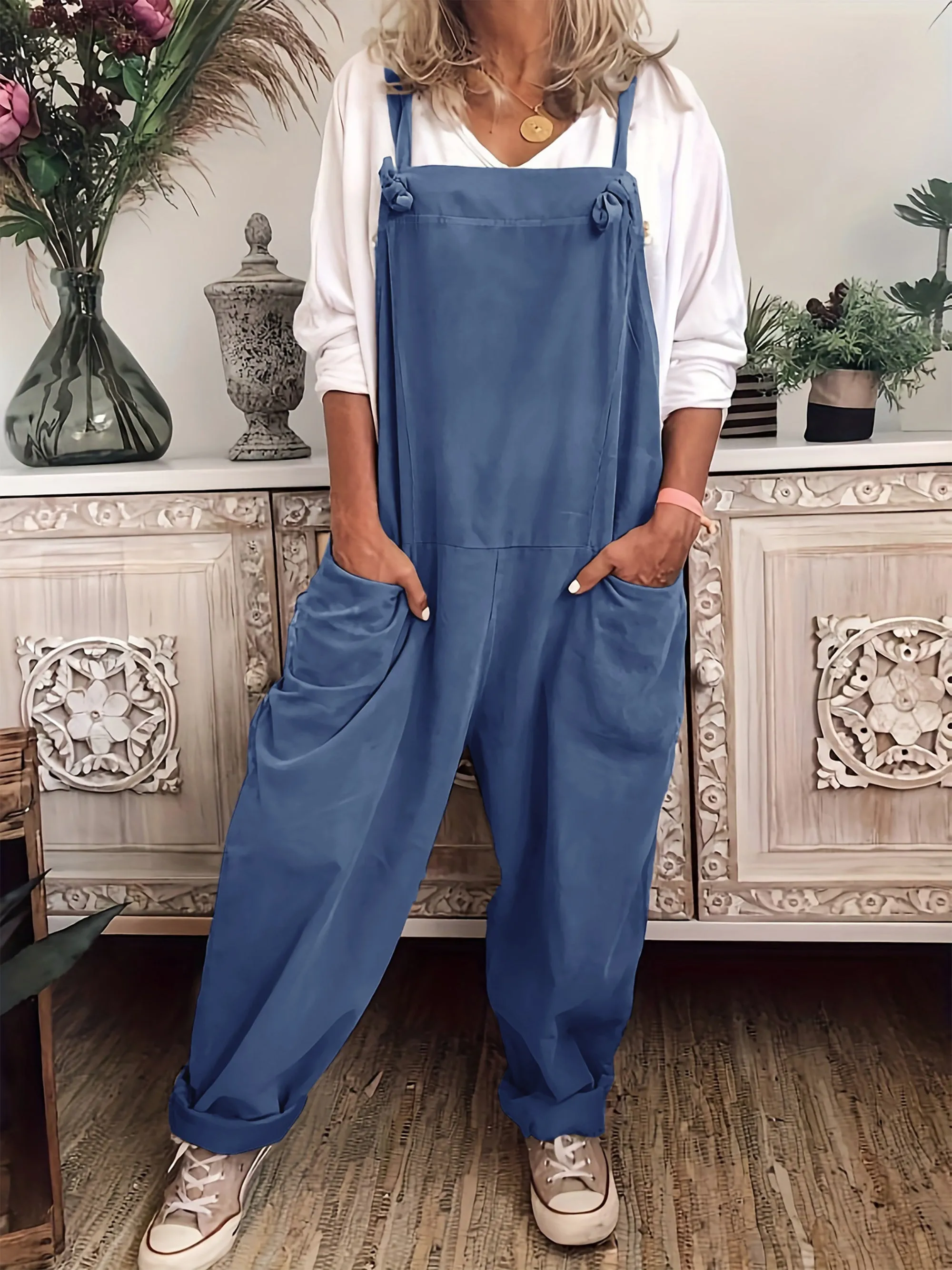 Effortless Women's Plus Solid Wide Leg Knot Overalls