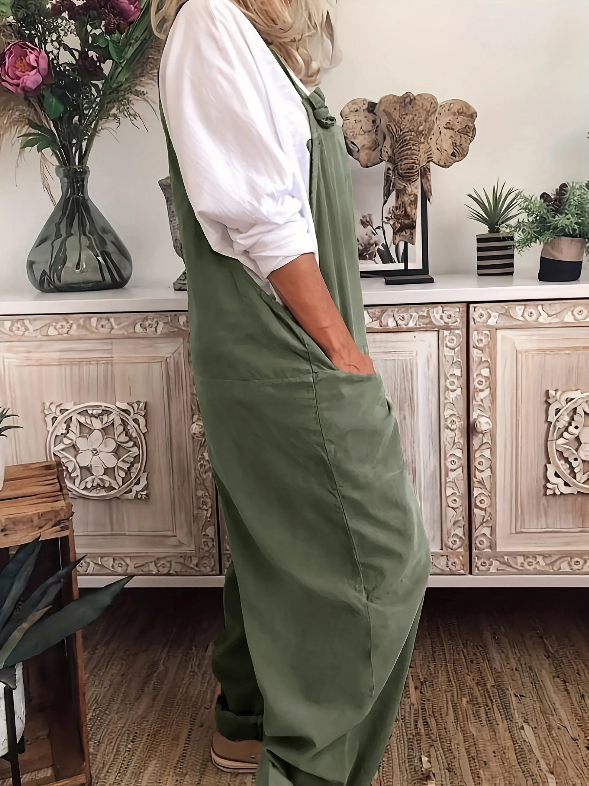 Effortless Women's Plus Solid Wide Leg Knot Overalls