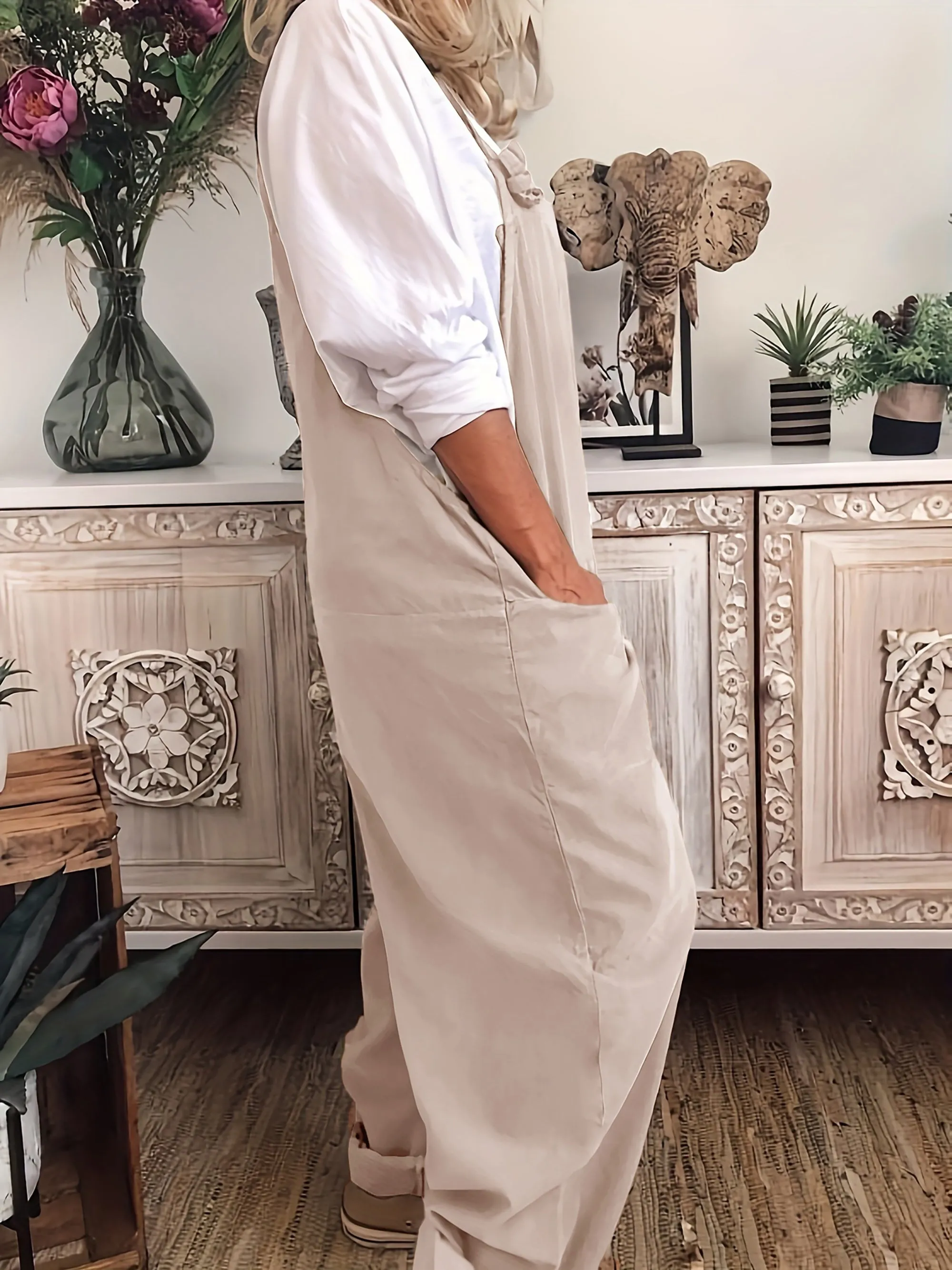 Effortless Women's Plus Solid Wide Leg Knot Overalls