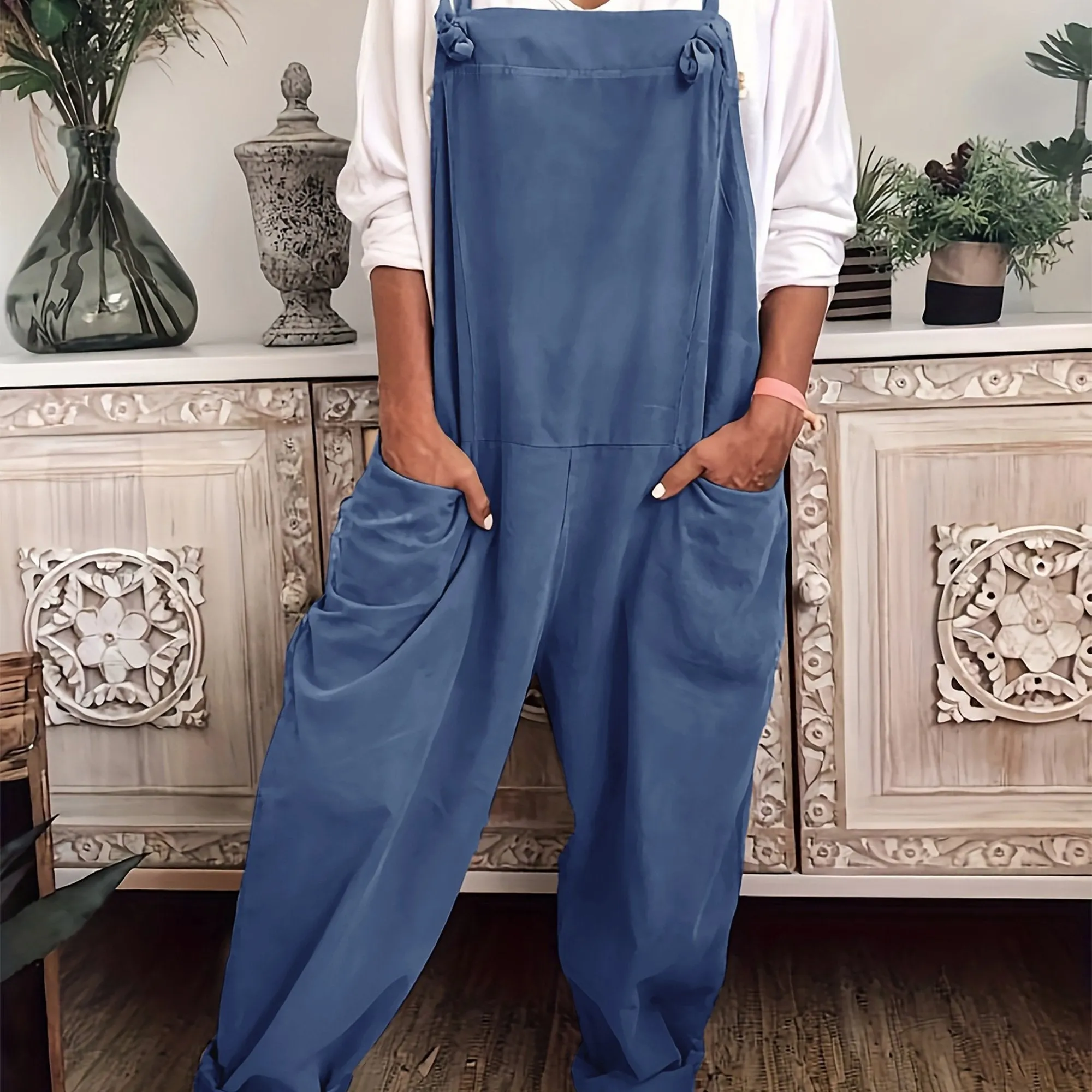 Effortless Women's Plus Solid Wide Leg Knot Overalls