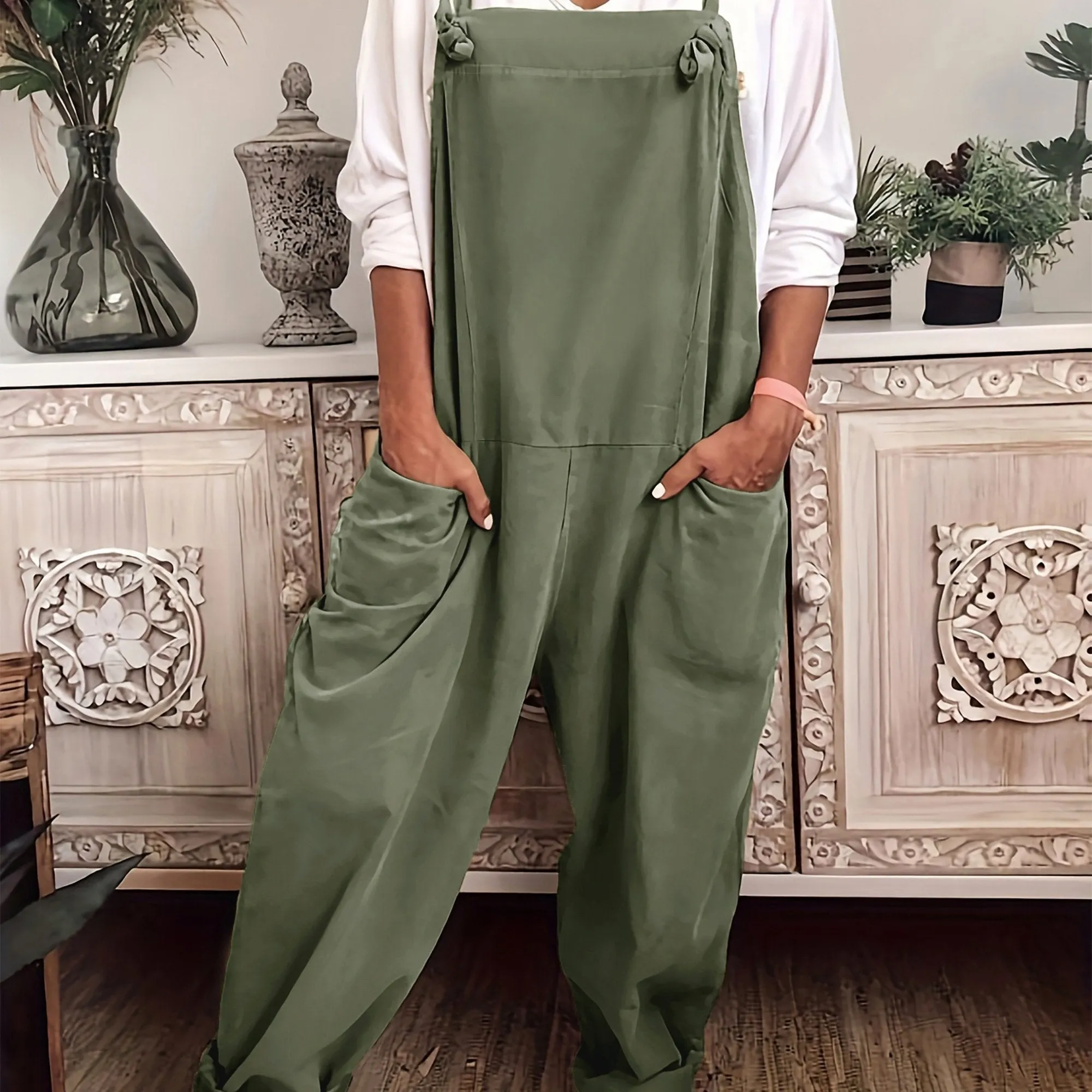 Effortless Women's Plus Solid Wide Leg Knot Overalls