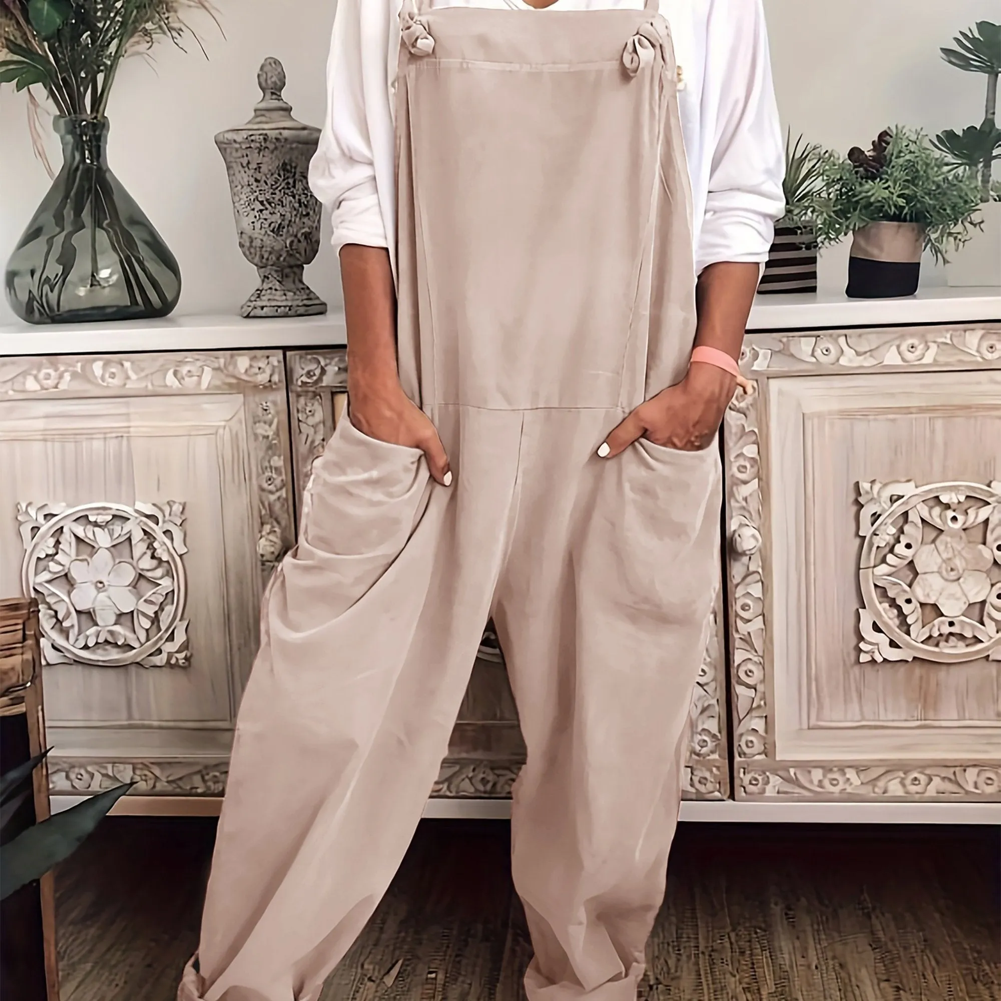 Effortless Women's Plus Solid Wide Leg Knot Overalls