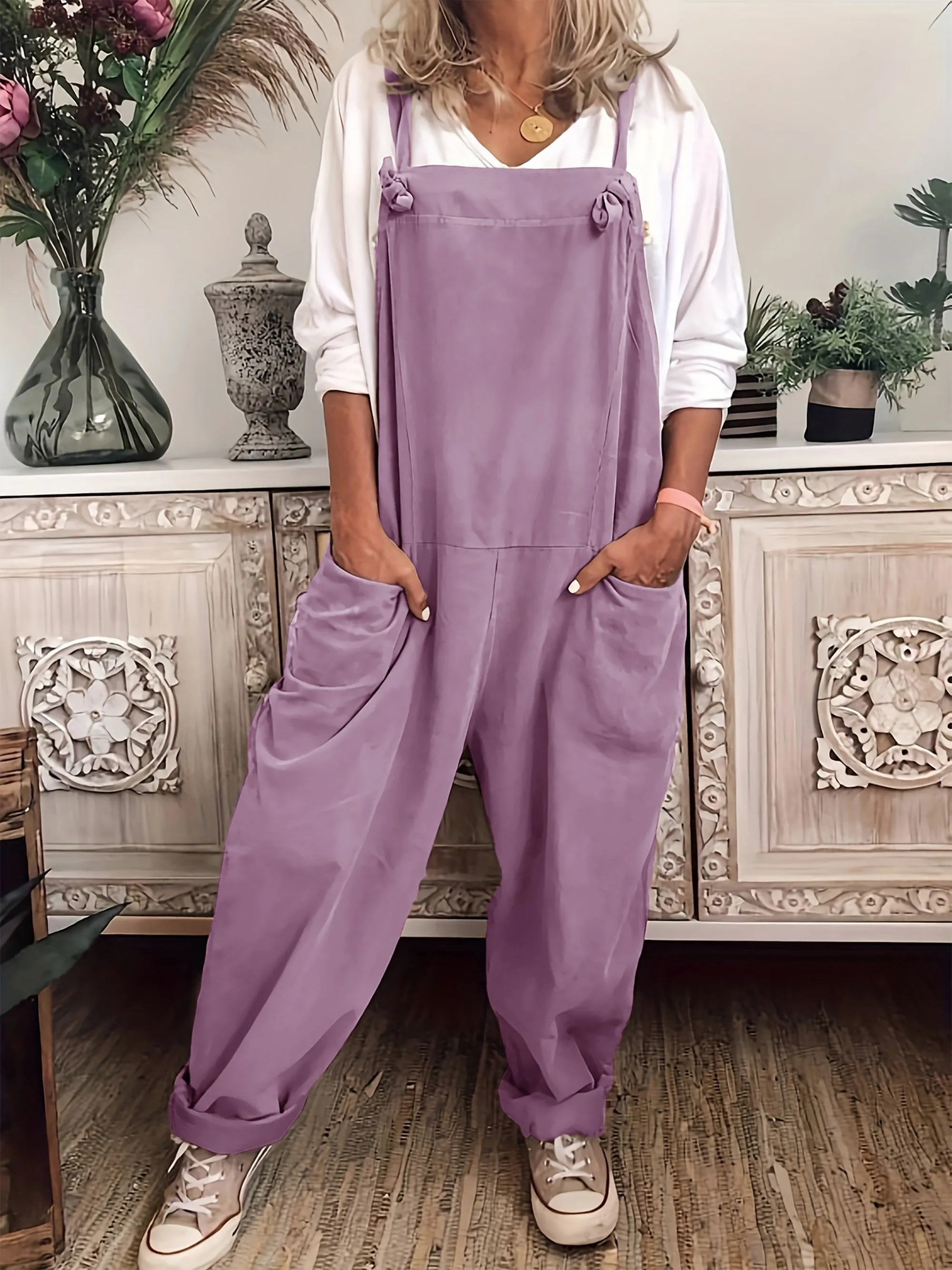 Effortless Women's Plus Solid Wide Leg Knot Overalls