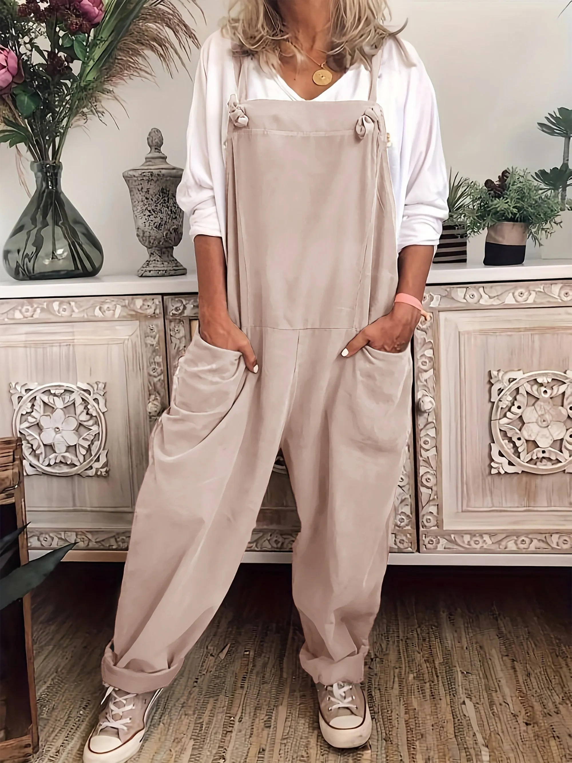 Effortless Women's Plus Solid Wide Leg Knot Overalls