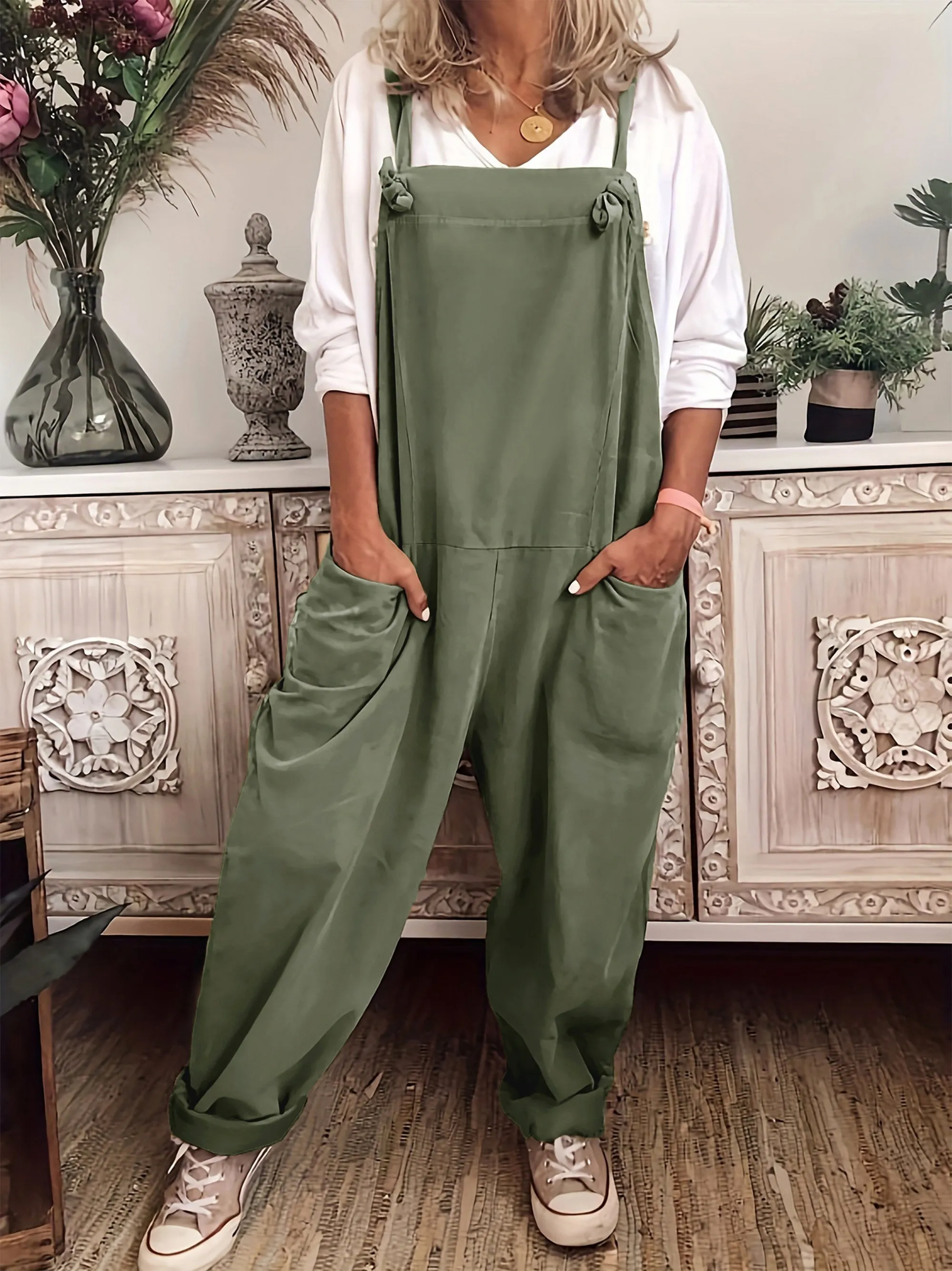 Effortless Women's Plus Solid Wide Leg Knot Overalls