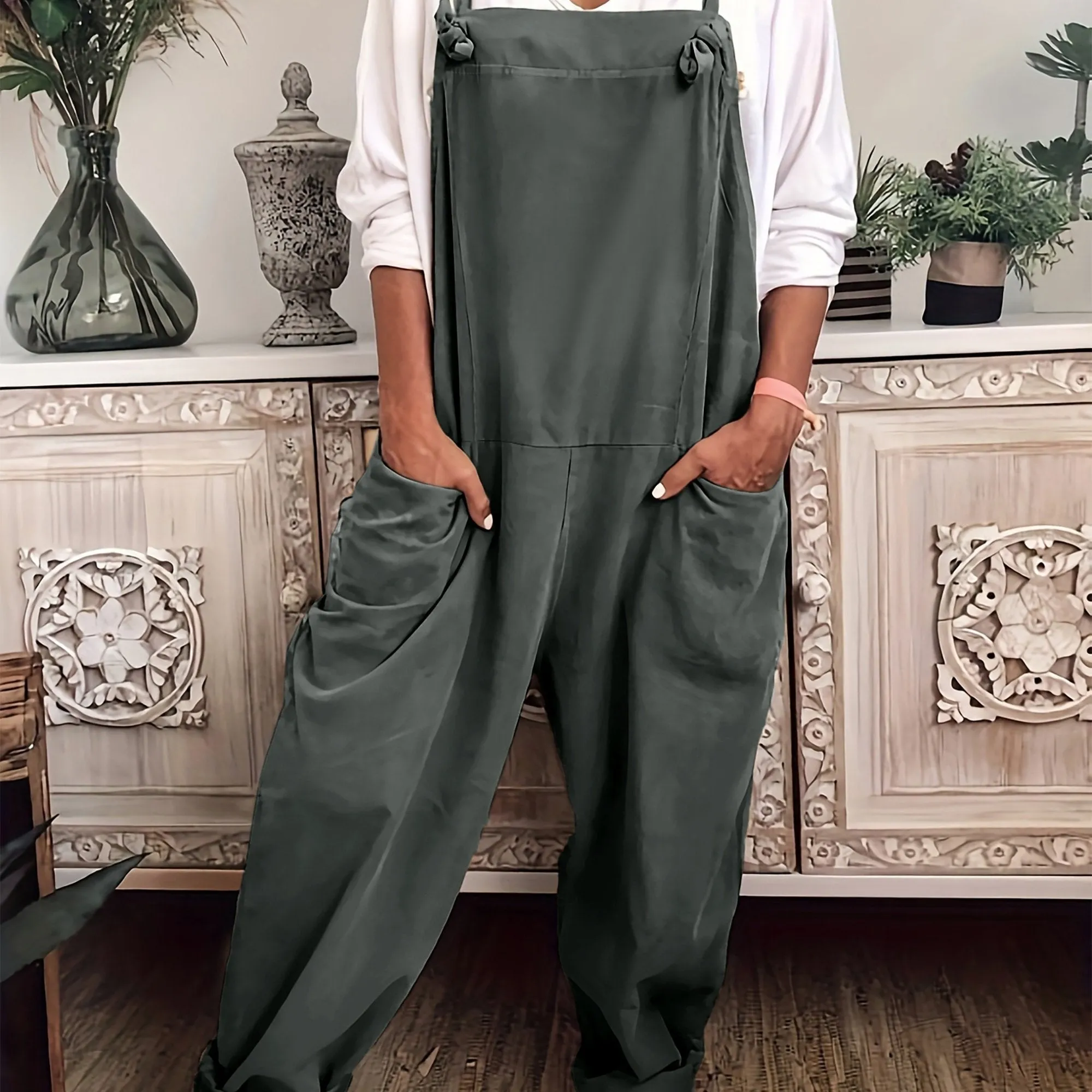 Effortless Women's Plus Solid Wide Leg Knot Overalls