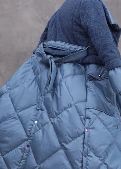 Elegant trendy plus size down jacket patchwork winter outwear blue tie waist warm winter coat