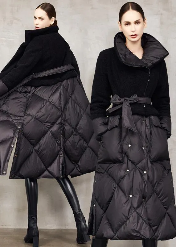 Elegant trendy plus size down jacket patchwork winter outwear blue tie waist warm winter coat