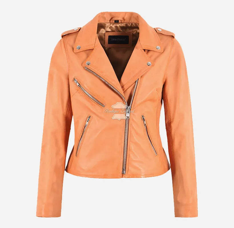 EMILY Women Leather Biker Jacket Soft Peach