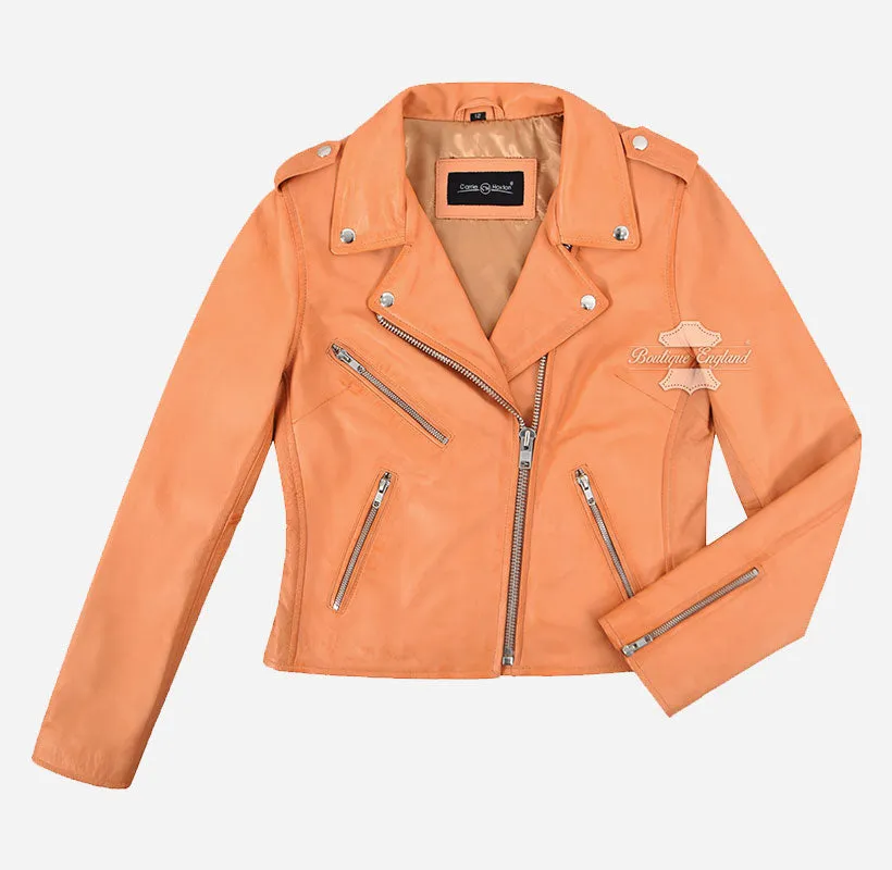 EMILY Women Leather Biker Jacket Soft Peach