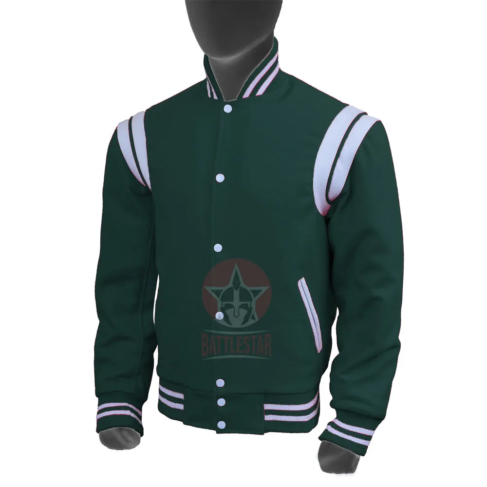 Forest Green Wool White Leather Stripes Varsity Jacket