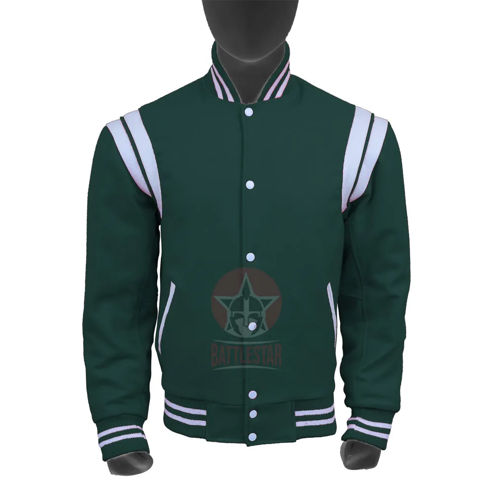 Forest Green Wool White Leather Stripes Varsity Jacket