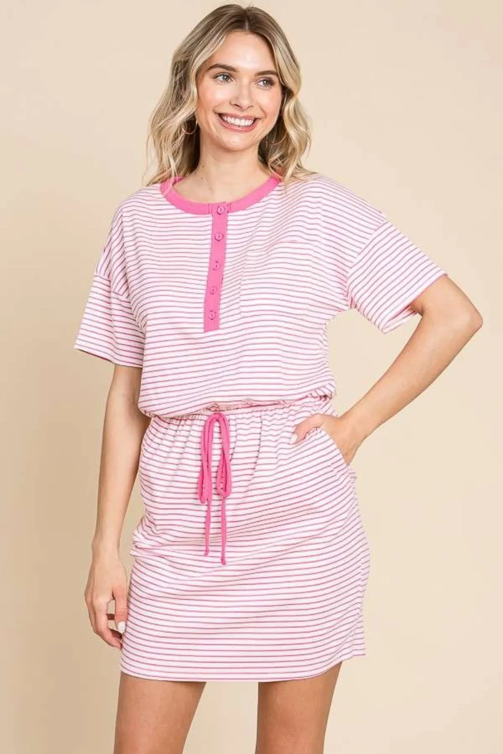 Full Size Striped Short Sleeve Mini Dress with Pockets