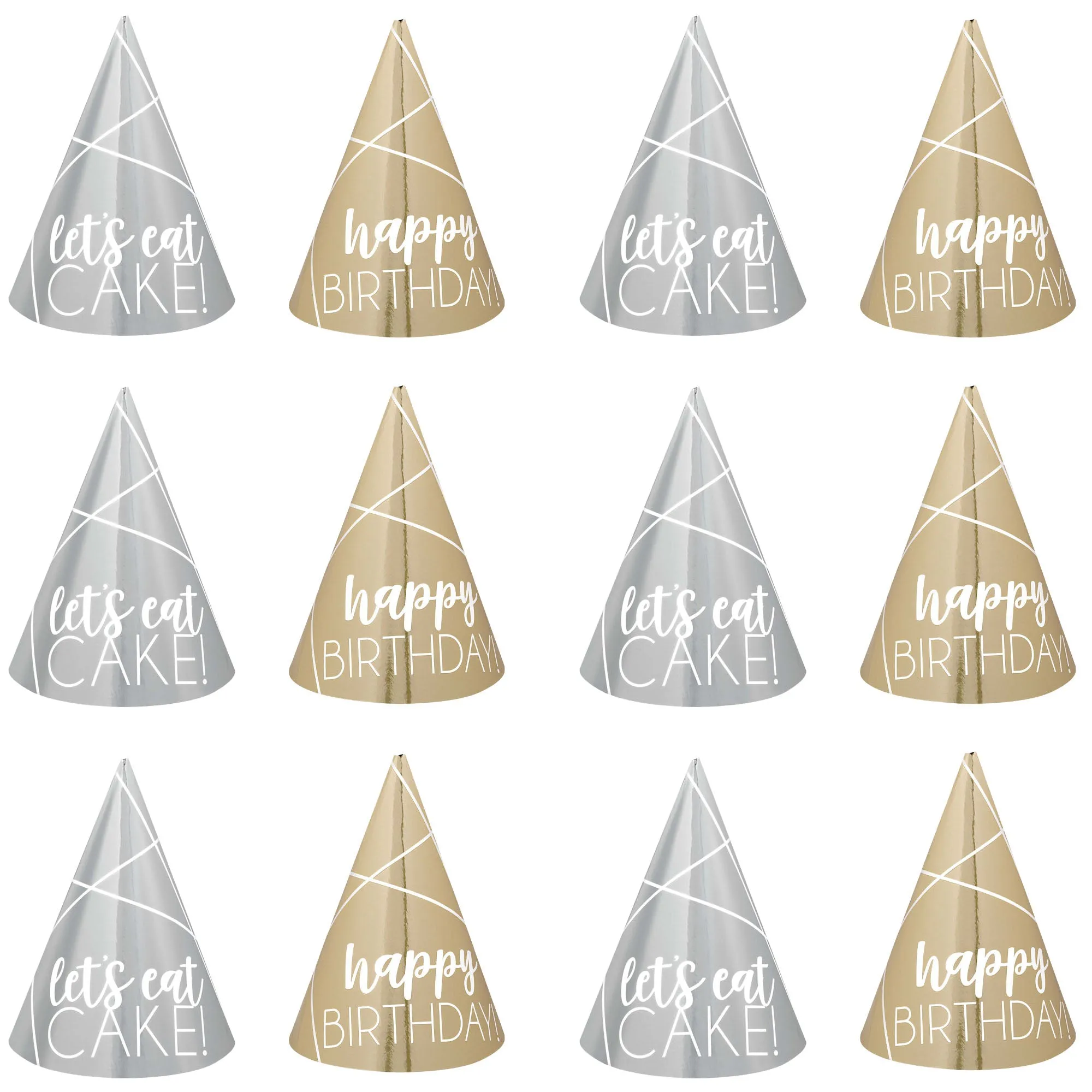 Happy Birthday Silver and Gold Mini Foil Cone Party Hats, 12 Count