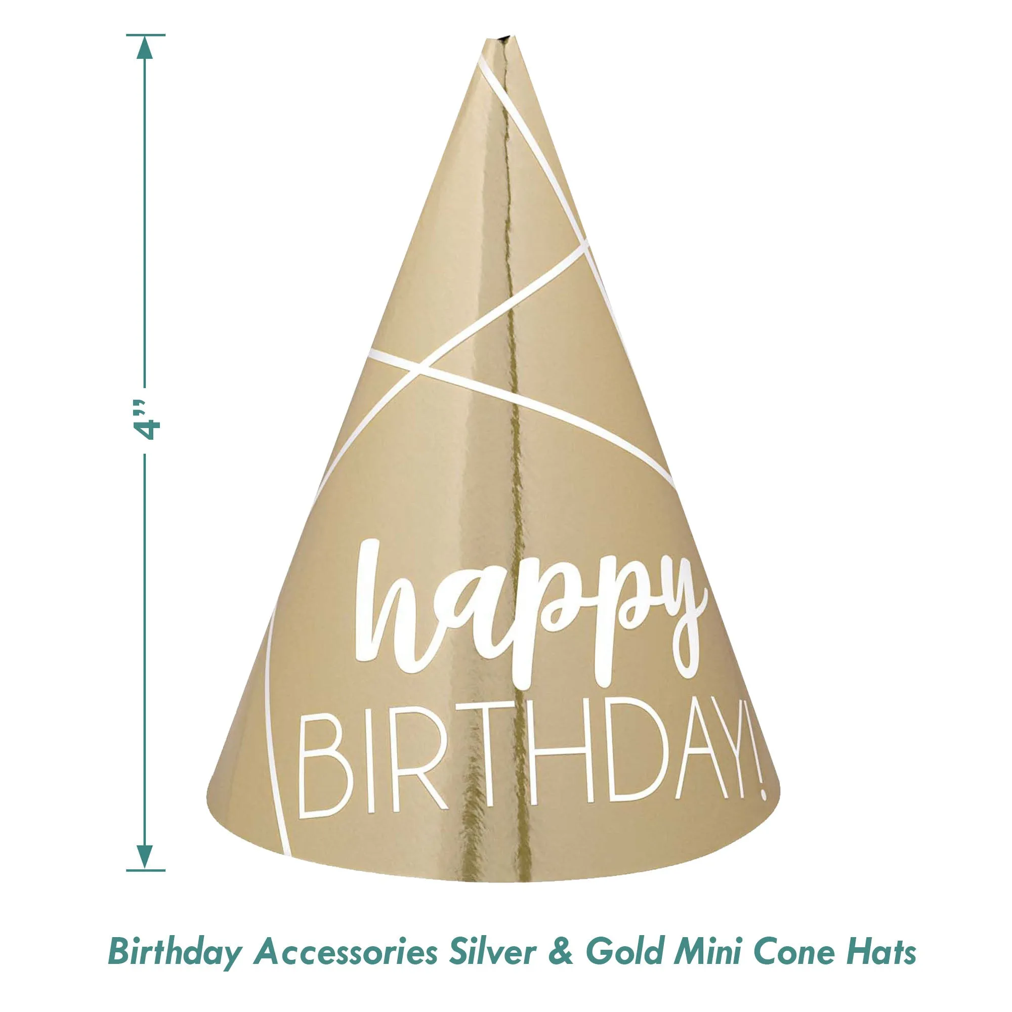 Happy Birthday Silver and Gold Mini Foil Cone Party Hats, 12 Count