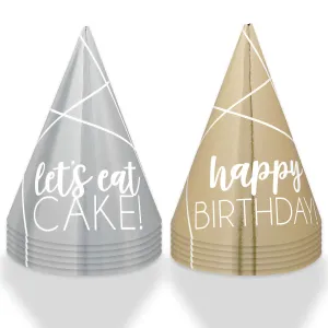 Happy Birthday Silver and Gold Mini Foil Cone Party Hats, 12 Count