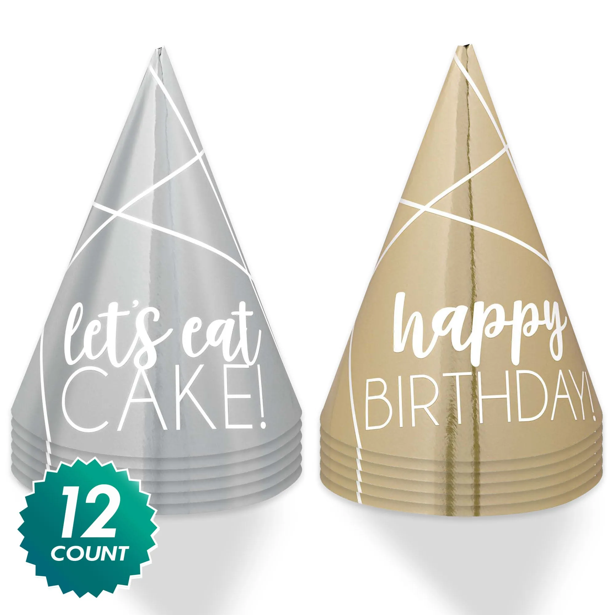 Happy Birthday Silver and Gold Mini Foil Cone Party Hats, 12 Count