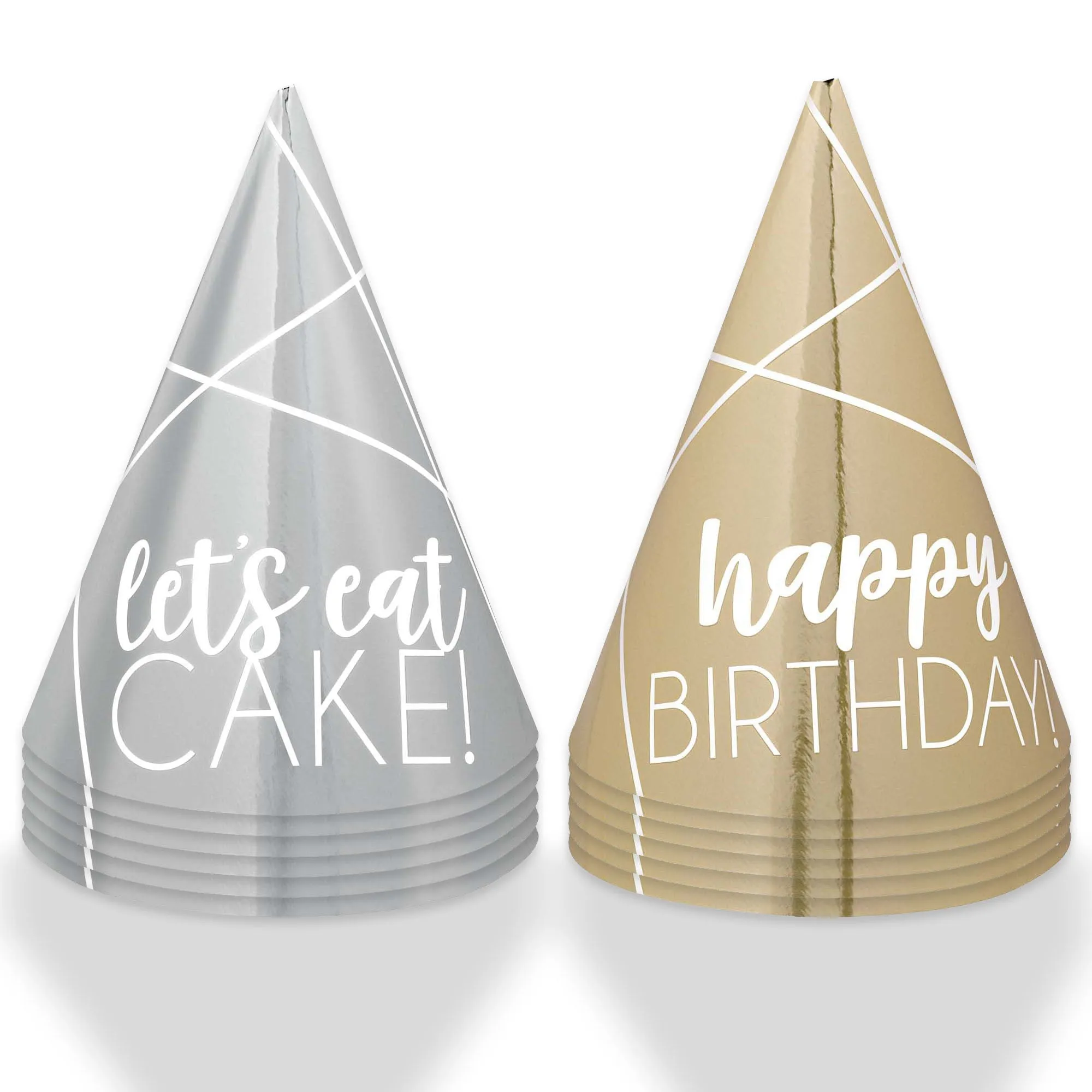 Happy Birthday Silver and Gold Mini Foil Cone Party Hats, 12 Count